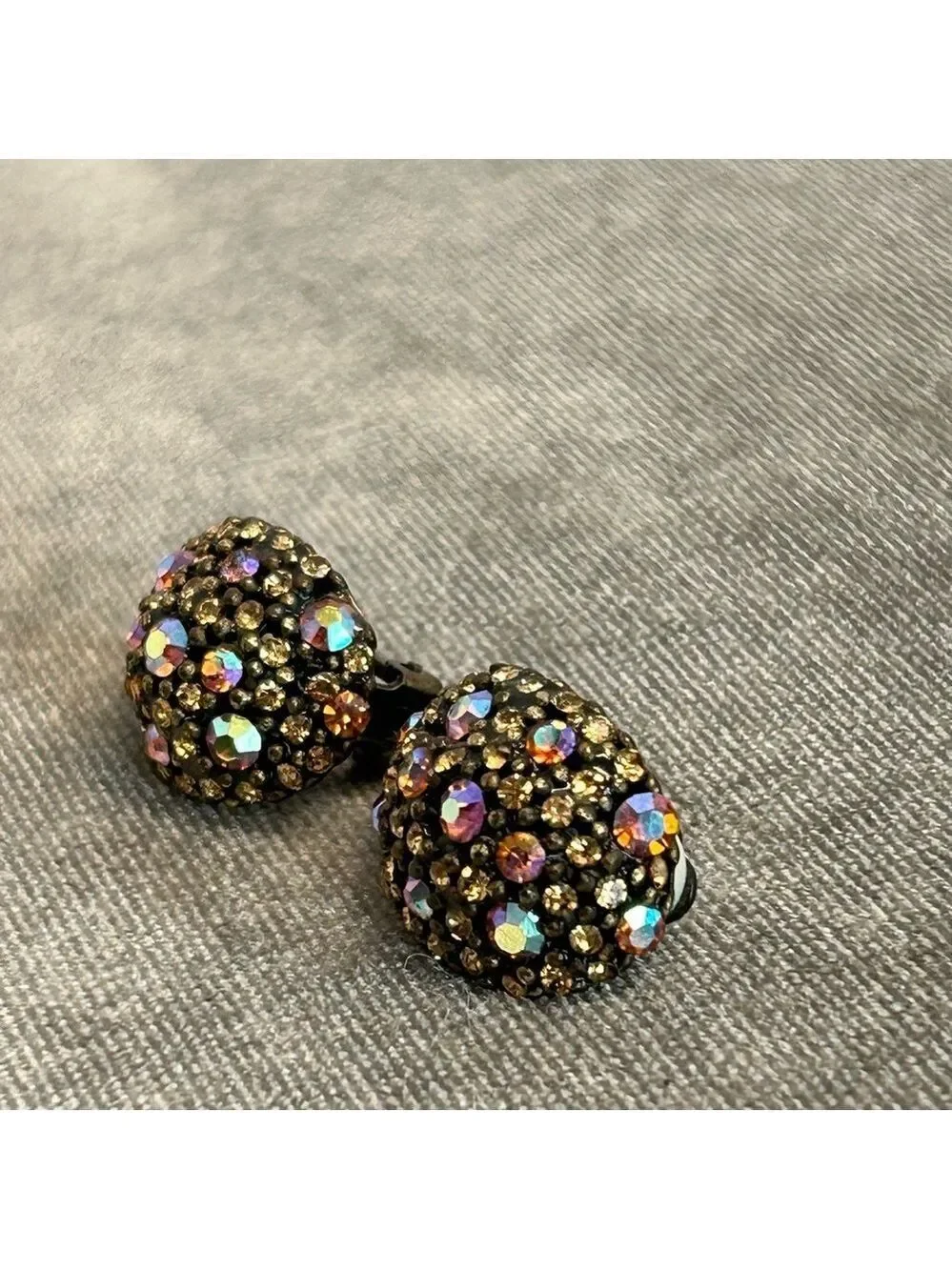 Vintage Amber Aurora borealis AB crystal rhinestone oval clip on earrings